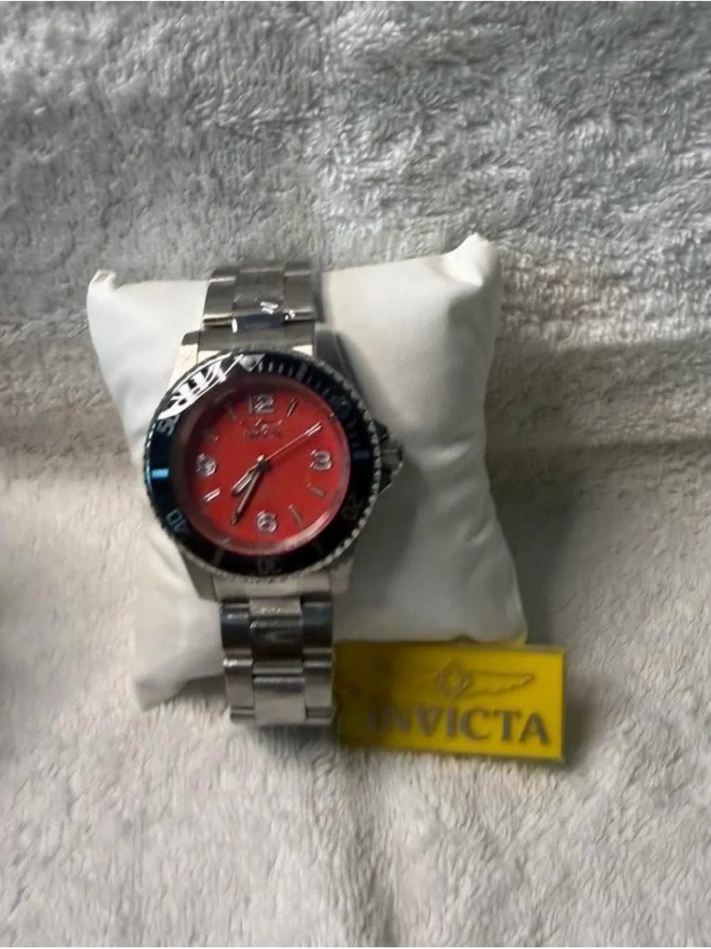 Invicta Silver Watch with Red Dial and Black Bezel